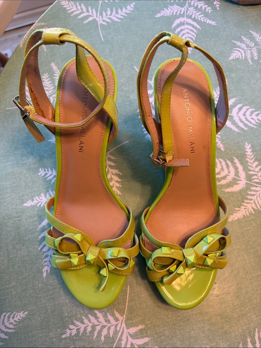 ANTONIO MELANI Lime Green Patent Bow Ankle-Strap Heels